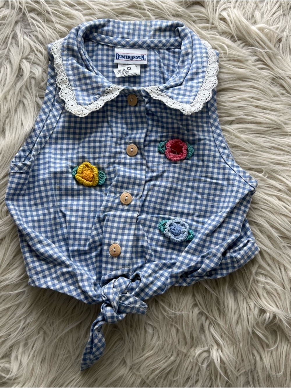 Vintage Y2K Buster Brown Blue Gingham Cottagecore Crop Top Shirt Girls Size 5